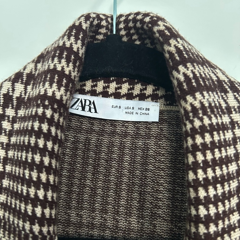 Zara Houndstooth Brown Tan Sweater Blazer - Picture 3 of 6